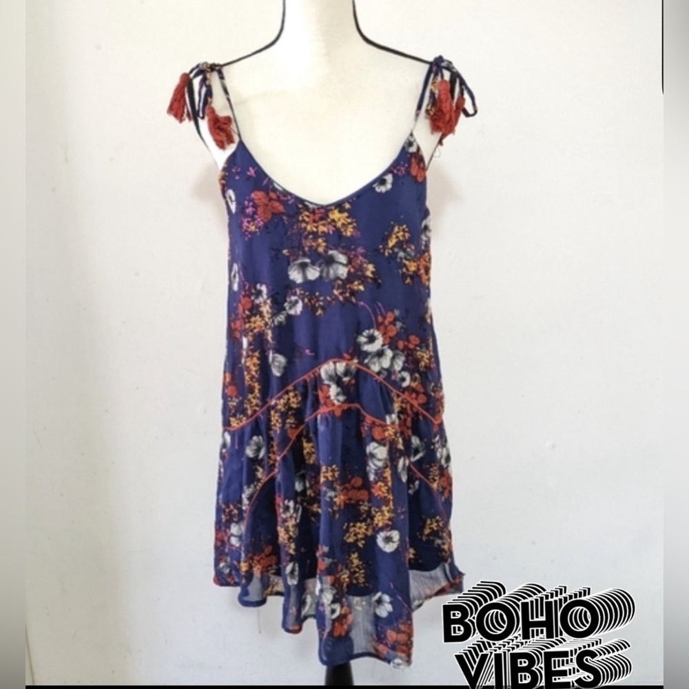 Mossimo Boho Blue Floral Spaghetti Strap with Tassels Dress